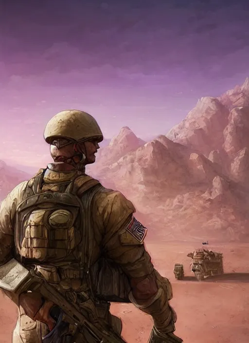 Image similar to purple lighting, detailed character concept illustration, strong muscular mature soldier in a soldier uniform, desert with city in the background, sharp focus, illustration, highly detailed, digital painting, concept art, matte, art by wlop and artgerm and greg rutkowski, masterpiece