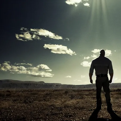 Image similar to Dwayne The Rock Johnson as Walter White in 'Breaking Bad' (2012), movie still frame, oscar nominated cinematography, volumetric lighting, 8k resolution, beautiful composition