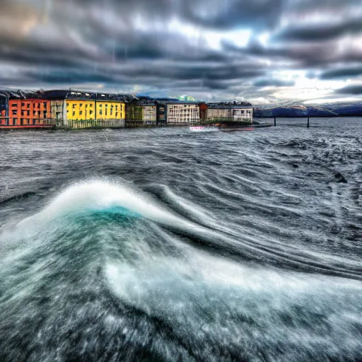 Image similar to Tsunami hits Oslo, Realistic, HDR, Clear Image, Historical Event,