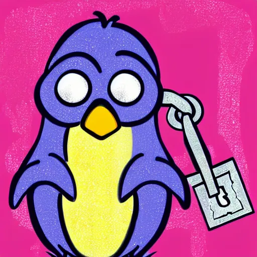 Image similar to 2 d purple penguin holding a key. disney art style. digital art. simple.