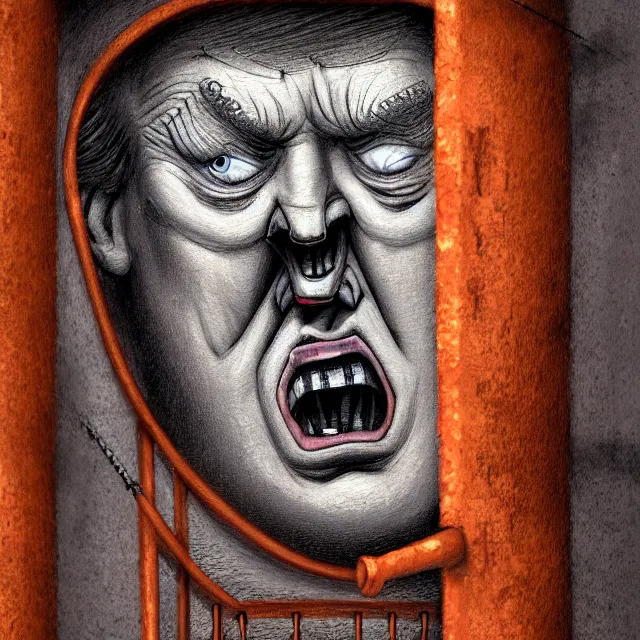 Prompt: prison cell behind bars of jail gediminas pranckevicius | close up portrait of a evil trump with orange hair behind jail bars in the sinister, one mouth, one nose, two eyes, oil painting by tomasz jedruszek, cinematic lighting, pen and ink, intricate line, hd, 4 k, million of likes, trending on artstation