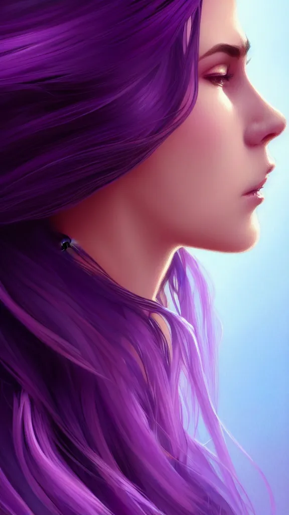 Image similar to Purple hair, creative colouring Portrait of woman face profile, fashion, coloured strands of hair, intricate, elegant, highly detailed, digital painting, artstation, concept art, smooth, sharp focus, illustration, art by artgerm and greg rutkowski and alphonse mucha, 8k