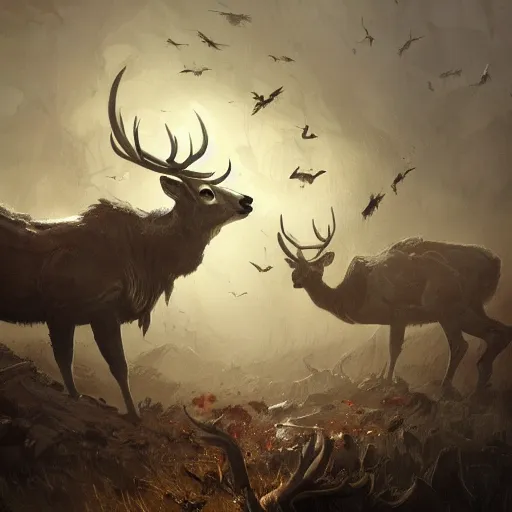 Image similar to !dream a large pile of dead deers and birds falling out of it, a concept art in style of Greg Rutkowski, John Singer Sargant, painted by Frank Frazetta, trending on artstation