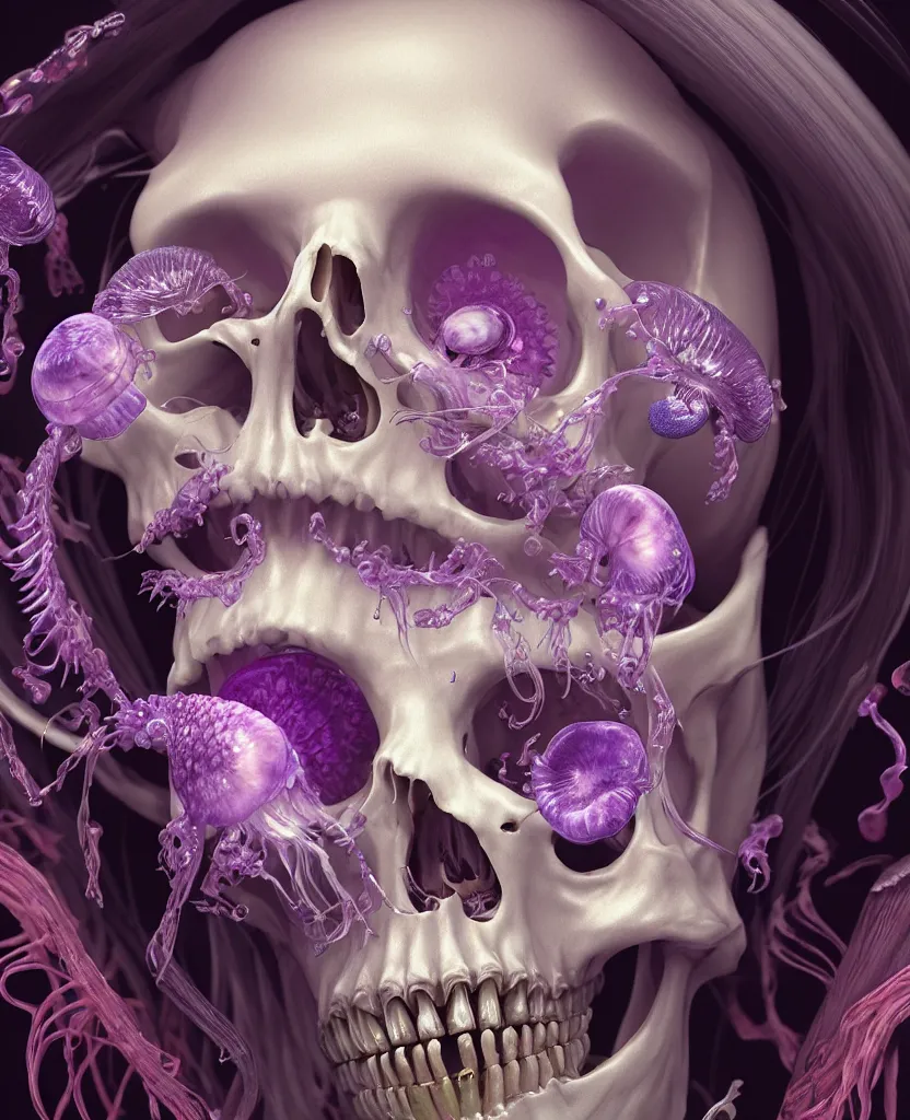 Image similar to goddess close - up portrait human skeleton, ram skull, jellyfish, orchid, betta fish, bioluminiscent, intricate artwork by tooth wu and wlop and beeple. octane render, trending on artstation, greg rutkowski very coherent symmetrical artwork. cinematic, hyper realism, high detail, octane render, 8 k