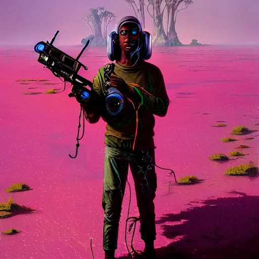 Prompt: a zulu cyberpunk hunter with a drone near a pink lake witha a baobab tree in a lightning storm by greg rutkowski and android jones in a surreal portrait style, oil on canvas, 8k resolution.