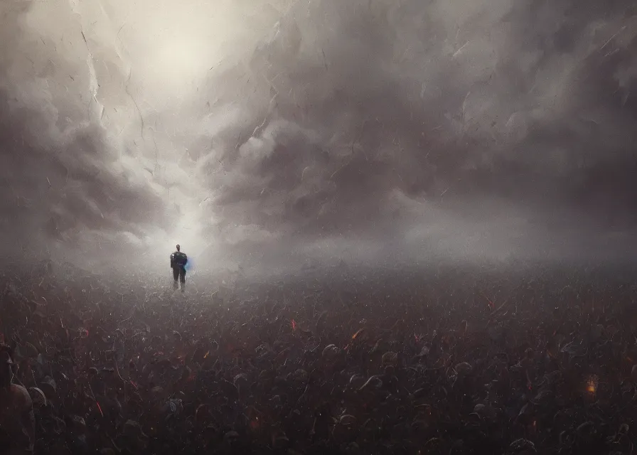 Image similar to abstract obscure painting of Joe Biden head emerging from thick dark clouds, immense crowd of varied people, cosmic horror , trending on ArtStation, masterpiece, by Greg Rutkowski, by Ross Tran, by Fenghua Zhong, octane, lightbeam eyes, soft render, clear facial features, oil on canvas, moody lighting, cinematic, professional detailed environmental concept art
