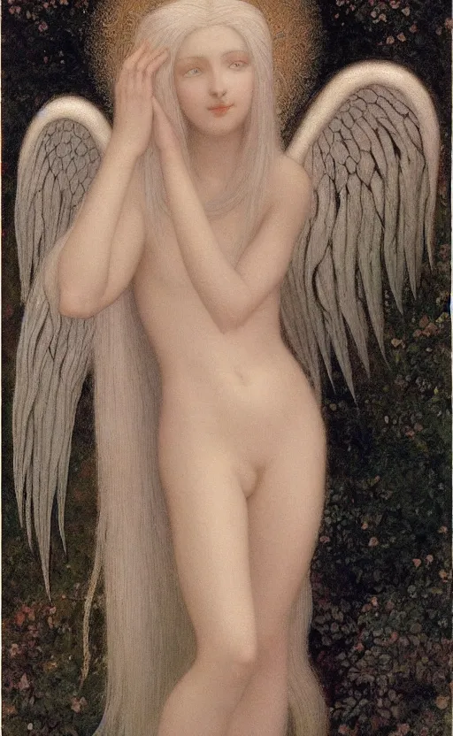 Image similar to Say who is this with silver hair so pale and Wan! and thin? beautiful lone single feminine!! angel, Aphrodite, in the style of Jean Delville, Lucien Lévy-Dhurmer, Fernand Keller, Fernand Khnopff, oil on canvas, 1896, 4K resolution, aesthetic, mystery