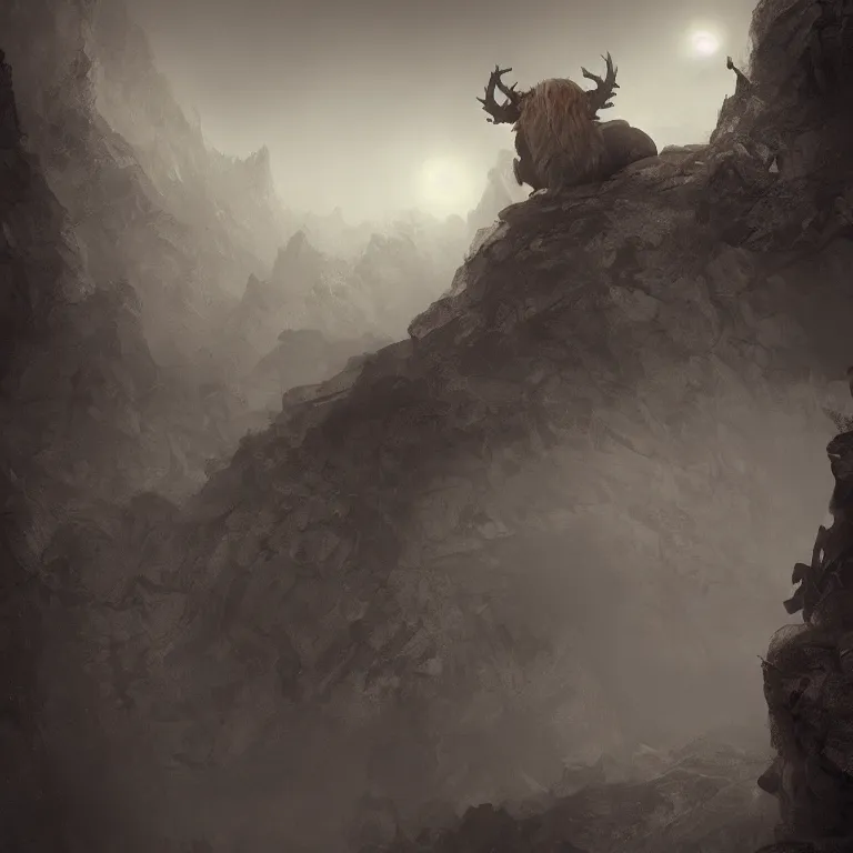 Prompt: a gigantic demon on a cobblestone hard mountain, night, scary, eerie, foggy lighting, rim light, digital art.