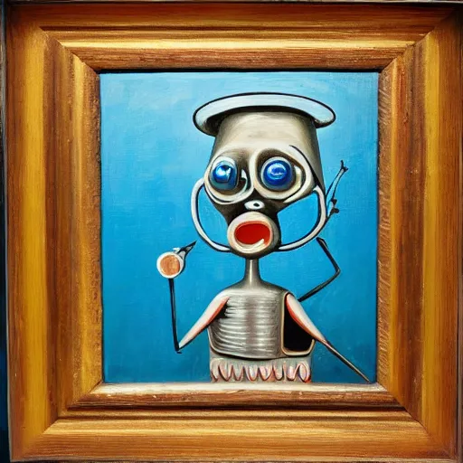 Prompt: a tin can character with a face and arms, opening its mouth, surrealist oil painting