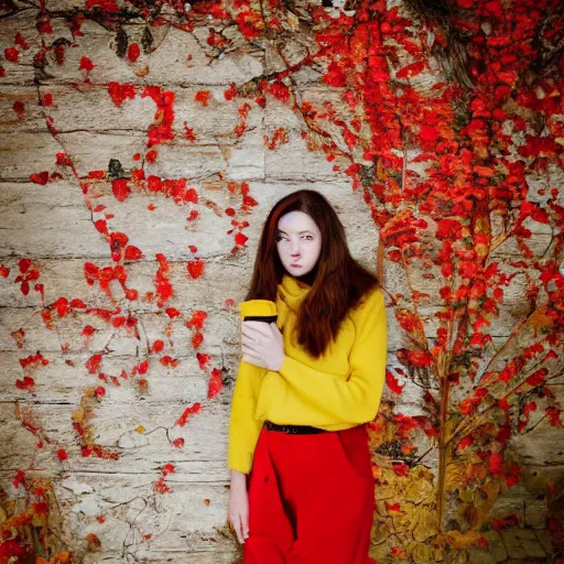 Prompt: a cozy photo of a woman. red yellow.