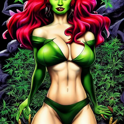 Prompt: 2010 Full body portrait Juxtapoz magazine cover of Brittany Renner as Poison Ivy Restraining batman, Marijuana, Smoke, Sweating, accentuated hips, Serving Body, Smoking weed, Curvy, Matte Painting, lewd, Vibrant, 8k, Epic Level of Detail, plant sap, Arte Lowbrow style, by Rockin Jelly Bean, :3 ,By :5