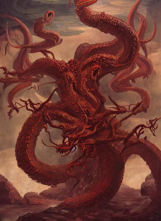 Image similar to highly detailed painting of the hydra, 4 k, lovecraftian, d & d, satanic, fantasy, intricate, digital painting, artstation, concept art, sharp focus, illustration, by michelangelo, by nicolas poussin