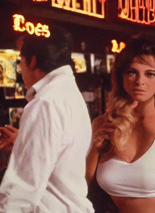 Image similar to a close - up, color cinema film still of a johnny cash talking to a beautiful hooters woman drinking whiskey at a hooters, ambient lighting at night.