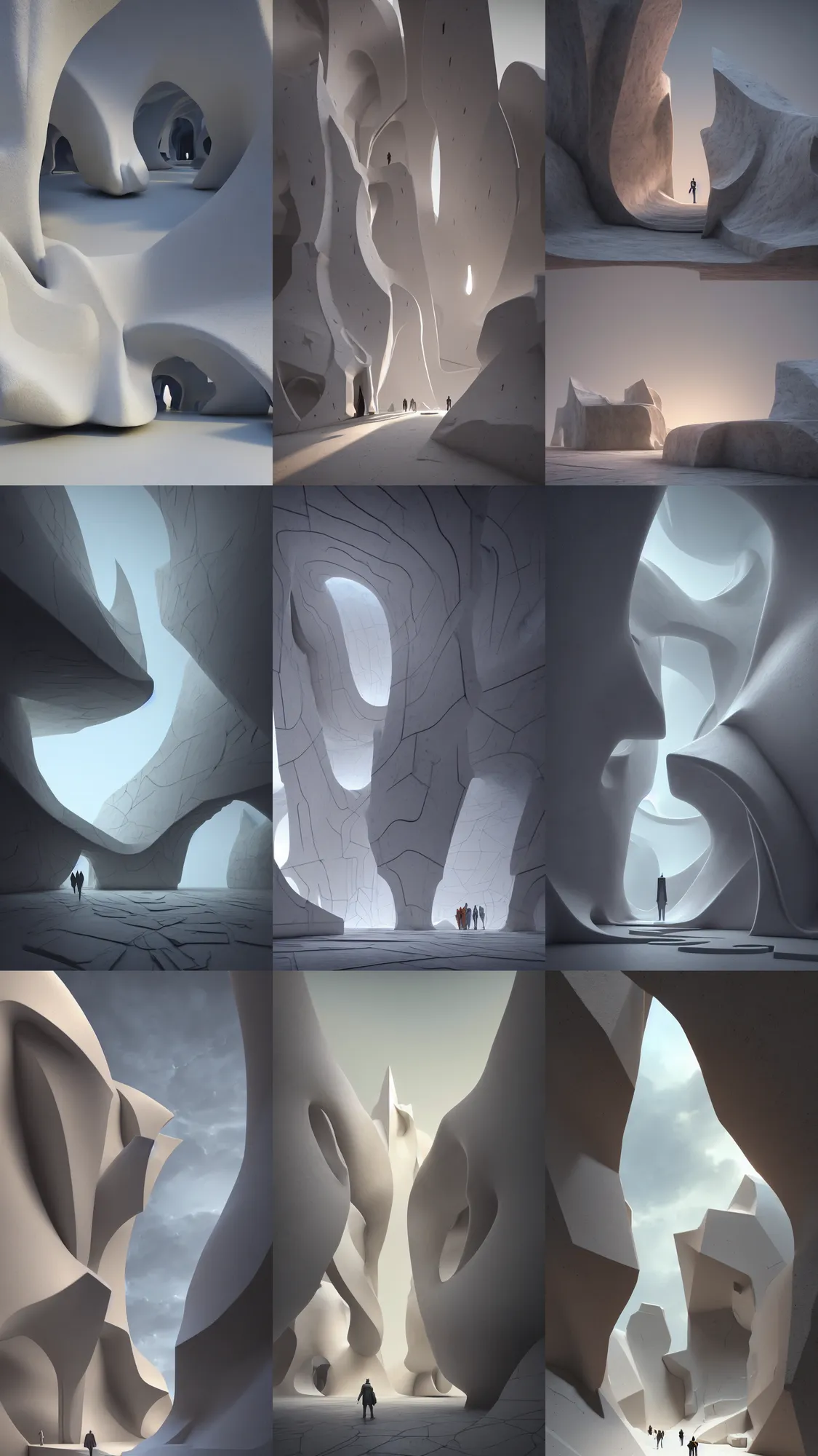 Prompt: the inside of a stone marble sculpture monument by tim blandin and arthur haas and bruce pennington and john schoenherr, architecture by zaha hadid, octane render, warm colour scheme, white, cinematic, scenery, cgsociety, modernism, futuristic, artstation, high detail, high quality, close up angle, people walking