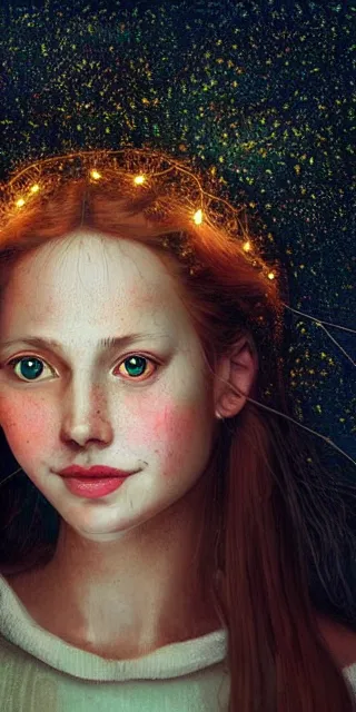 Prompt: a totally enraptured smiling young woman surrounded by golden firefly lights in a mesmerizing scene, sitting amidst nature fully covered, intricate detailed dress, long loose red hair, precise linework, accurate green eyes, small nose with freckles, smooth oval head, expressive emotions, hyper realistic ultrafine portrait by artemisia gentileschi, jessica rossier, artgerm