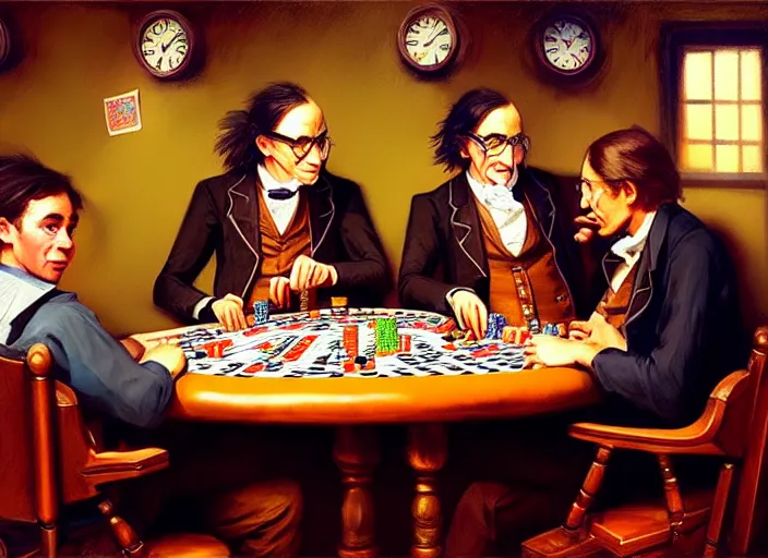 Image similar to playing poker in a saloon, Isaac Newton and Stephen Hawking and Albert Einstein, by Mandy Jurgens, trending on artstation, Richard Schmid and norman rockwell