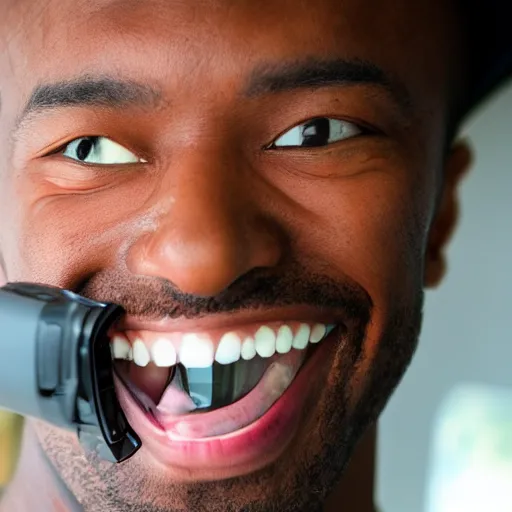 Image similar to Fisheye lens 1 inch from a man's face as he smiles widely