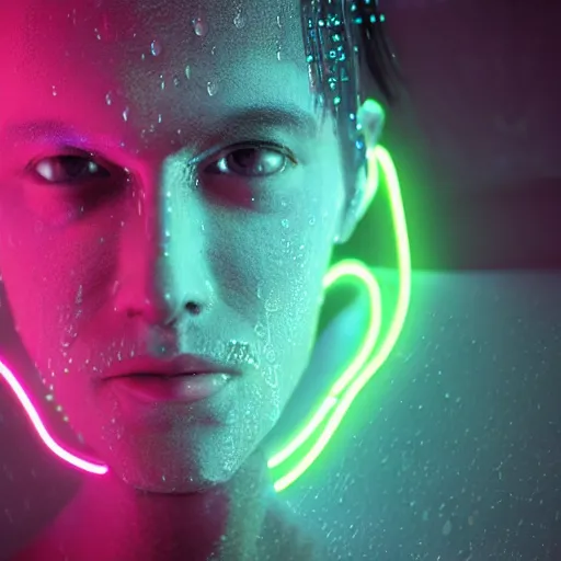 Image similar to a human made out of rain, neon, rendered in octane, unreal engine, highly detailed, realistic, beautiful, emotional, unique
