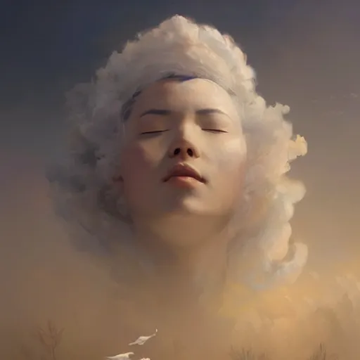 Prompt: a beautiful portrait of a cloud goddess with closed eyes, several birds flying in the sky, by Greg Rutkowski and Raymond Swanland, Trending on Artstation, ultra realistic digital art