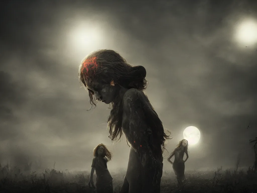 Prompt: The girl and the sun, ghouls swarming in the background, low angle, dark and mysterious, stopped in time, atmospheric, ominous, eerie, cinematic, Epic, 8k, 4k, ultra detail, ultra realistic, rendered