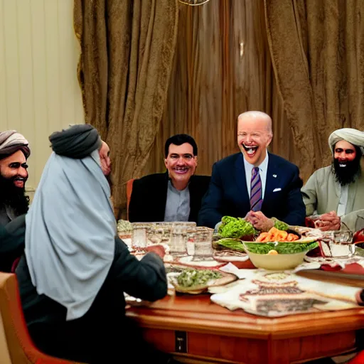 Image similar to 4 k hdr portrait wide angle photo of president joe biden laughing at a dinner table meeting surrounded by taliban terrorist leaders