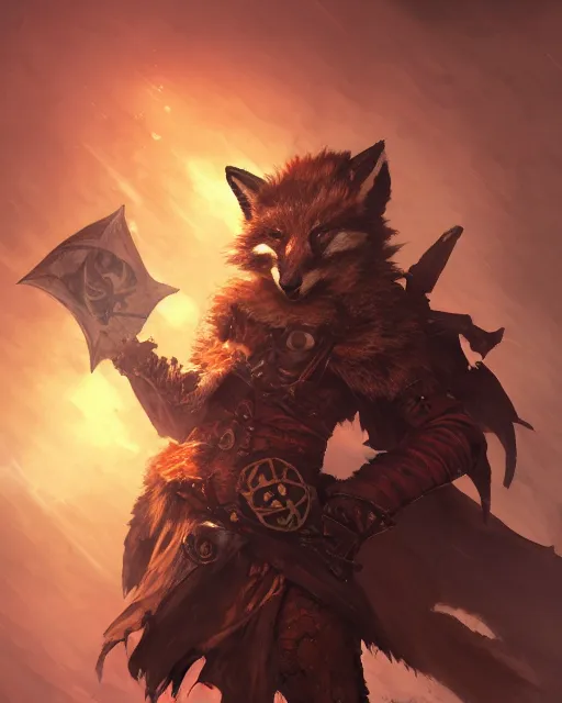 Image similar to Fox Warrior holding small bag, evil smile, medium shot, D&D, artstation, fantasy, magic the gathering artwork, cinematic lighting, centered, symmetrical, highly detailed, digital painting, , concept art, smooth, sharp focus, illustration, volumetric lighting, epic Composition, 8k, art by Akihiko Yoshida and Greg Rutkowski and Craig Mullins, oil painting, cgsociety