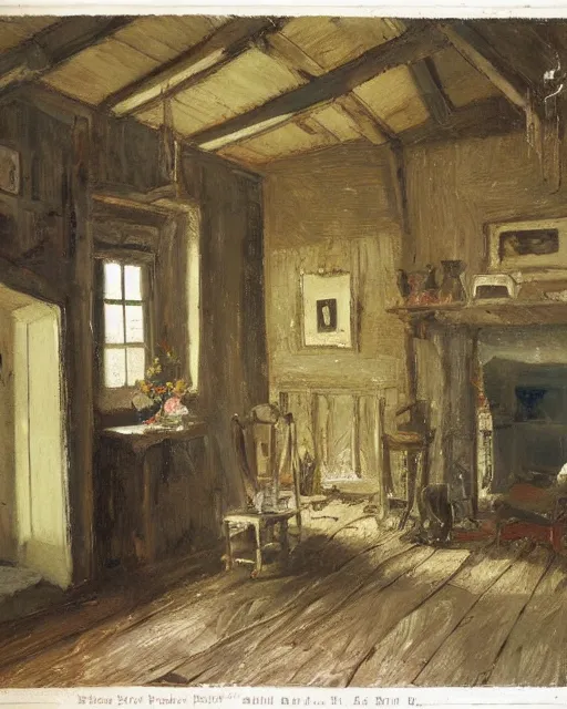 Prompt: the interior of an old cottage in cumberland that is probably haunted, delicate embellishments, painterly, offset printing technique, by brom, robert henri, walter popp