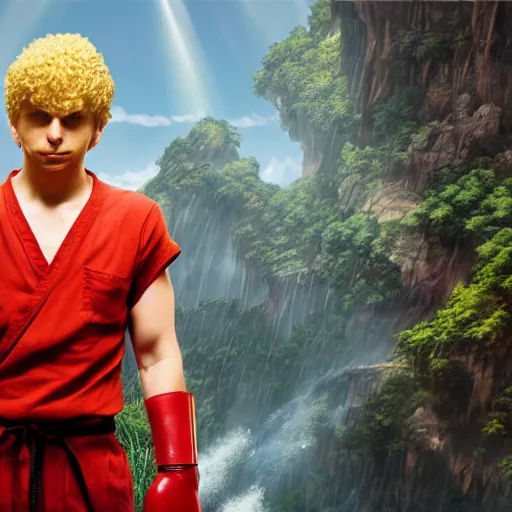 Image similar to michael cera as ken masters street fighter, ultra realistic, concept art, intricate details, highly detailed, photorealistic, octane render, 8 k, unreal engine, art by frank frazetta, simon bisley, brom