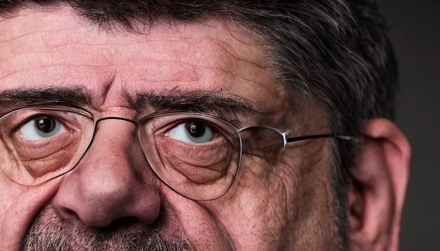 Prompt: hyper-realistic and anamorphic 2010s movie still close-up portrait of Jean-Luc Mélenchon, by Irving Penn, Leica SL2 50mm, beautiful color, high quality, high textured, detailed face