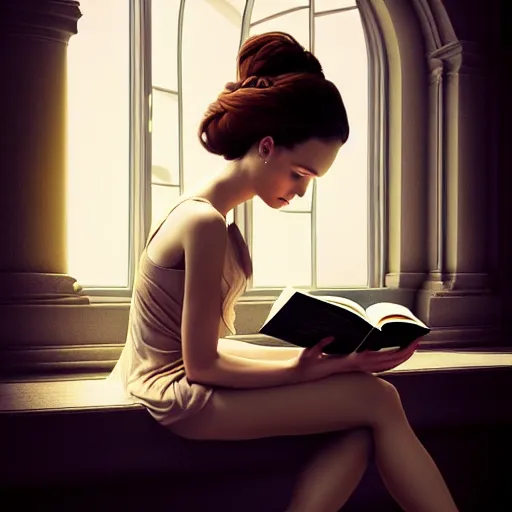 Image similar to portrait of an absurdly beautiful girl reading a book, graceful, sophisticated, hyperdetailed illustration by irakli nadar, maria borges, matt wisniewski style, intricate linework, unreal engine 5 highly rendered, global illumination, detailed and intricate environment