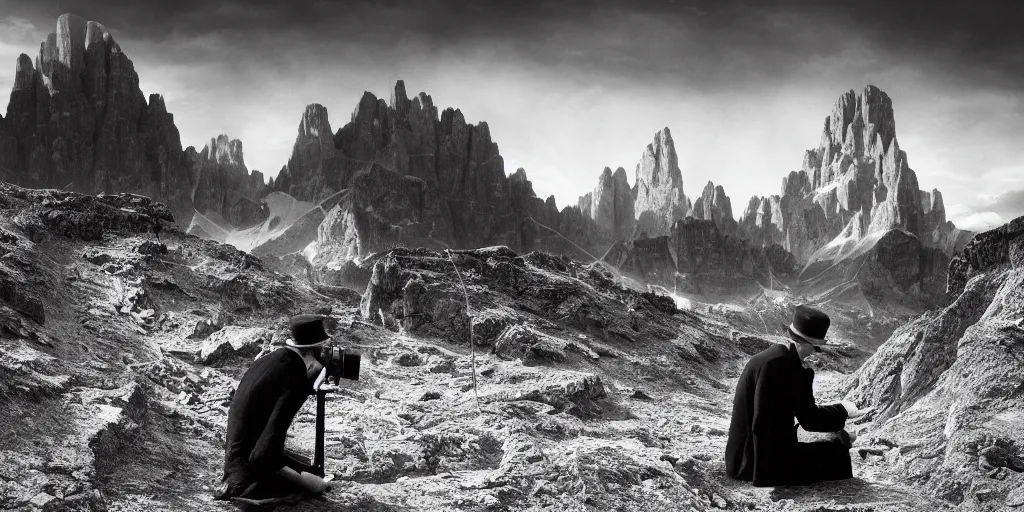 Image similar to 1920s photography of lonely wanderer, dolomites in the background, occult signs, fire, alp, dolomites, alpine, detailed intricate insanely detailed octane render, 8k artistic 1920s photography, photorealistic, black and white, chiaroscuro, hd, by David Cronenberg, Raphael, Caravaggio