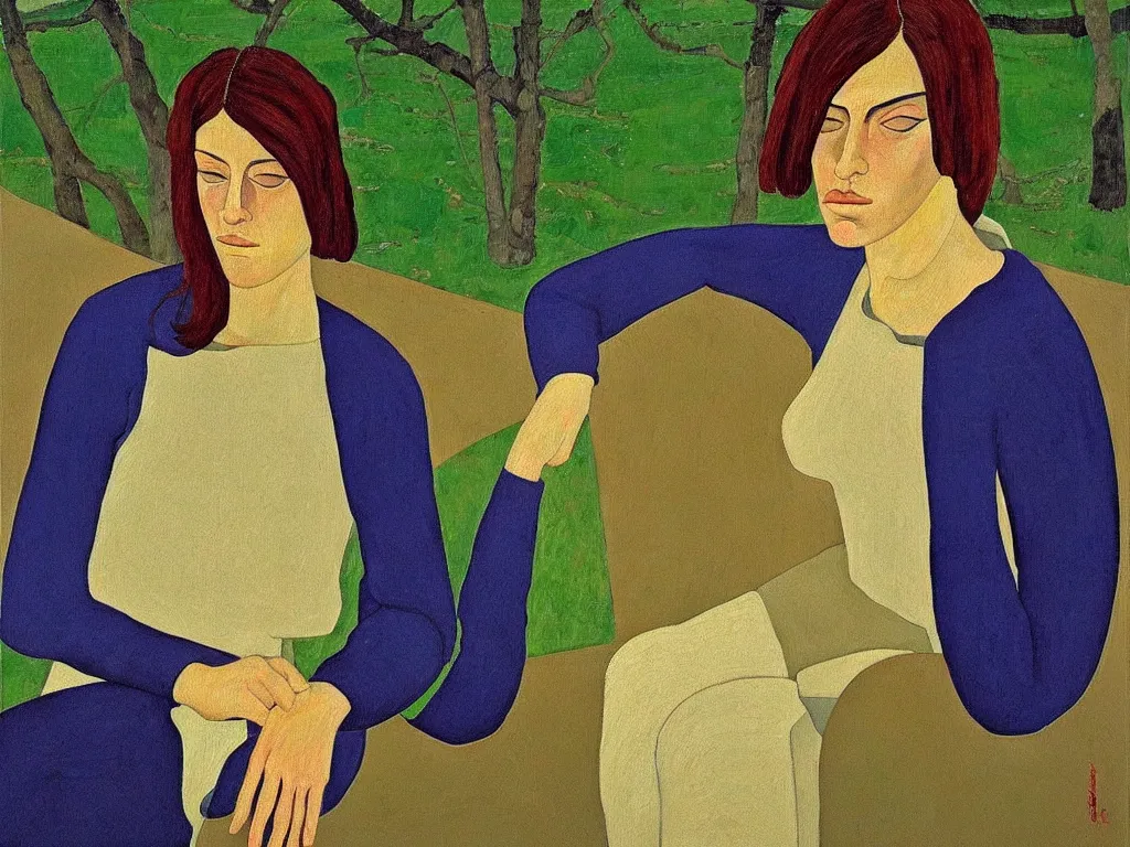 Image similar to a painted portrait of a women outdoors paused in thought, art by felice casorati, aesthetically pleasing and harmonious colors, expressionism