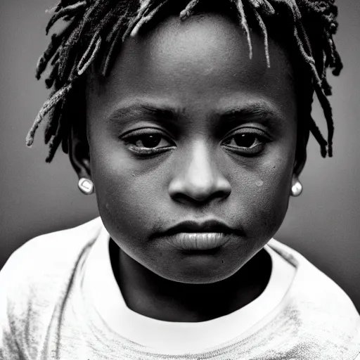 Image similar to the face of young juice wrld at 3 years old, black and white portrait by julia cameron, chiaroscuro lighting, shallow depth of field, 8 0 mm, f 1. 8