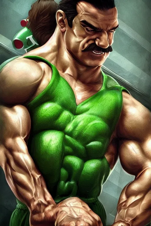 Image similar to muscular luigi wearing a green jumpsuit by ilya kuvshinov, bodybuilder ernest khalimov, super mario bros symmetrical face concept art, hyper realistic, intricate, elegent, highly detailed, digital painting, concept art, smooth, sharp, focus, illustration, art by artgerm and greg rutkowski and alphonse mucha, artstation