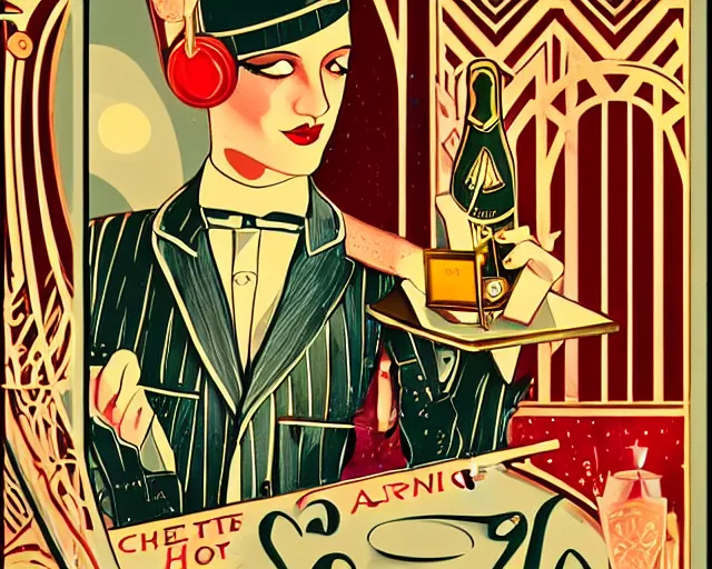 Prompt: 1 9 2 0 s teenager in art deco style, champagne commercial, artstation, illustration, bright, cheerful, detailed and intricate environment