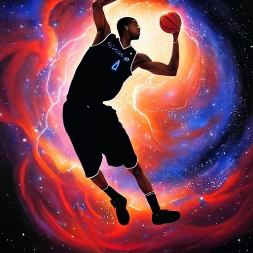 Image similar to cosmic basketball player dunking a basketball hoop in a nebula, an oil painting, by ( leonardo da vinci ) and greg rutkowski and rafal olbinski and ross tran, award - winning magazine cover