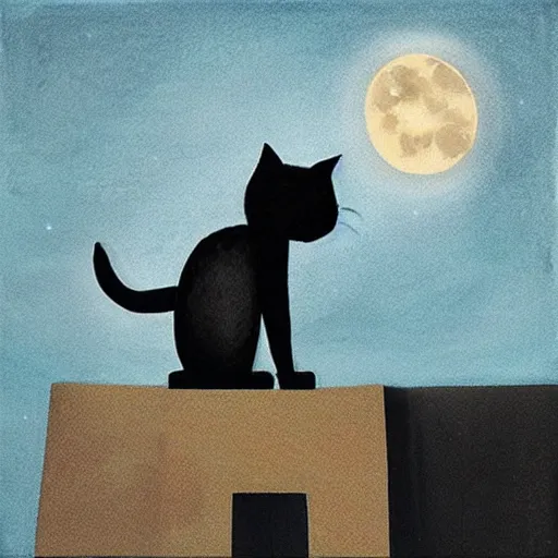 Image similar to “A black cat on top of a building at night with a full moon in the style of Vincent Van Vogh”