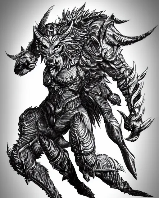 Image similar to A minotaur wolf, full body, black and white, fantasy art, monster art, in the style of masami kurumada, illustration, epic, fantasy, intricate, hyper detailed, artstation, concept art, smooth, sharp focus, ray tracing