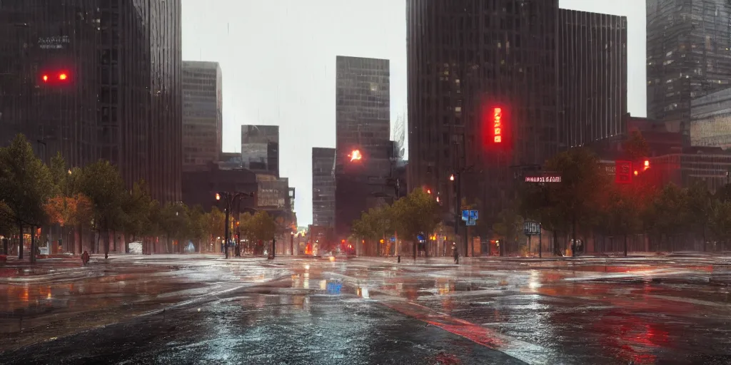 Prompt: anti - capitalist downtown denver with heavy rain, cinematic, ultra - realistic, ultra - detailed, octane render, unreal engine 5, depth of field