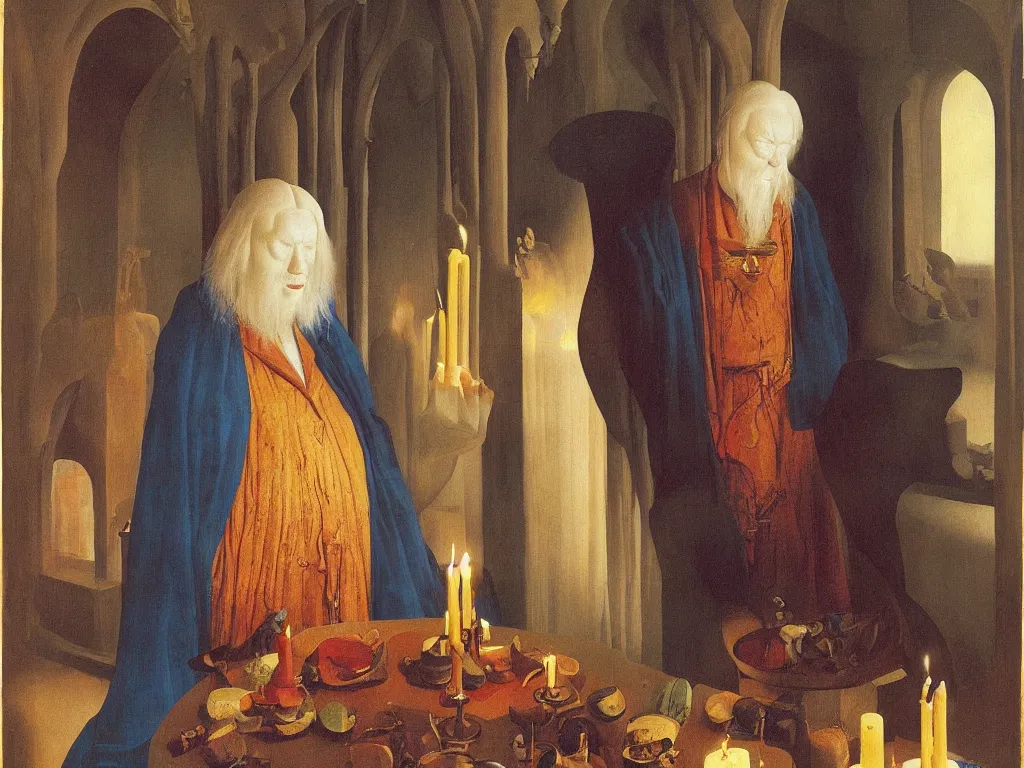 Image similar to Portrait of albino mystic with blue eyes, praying at candle light. Painting by Jan van Eyck, Audubon, Rene Magritte, Agnes Pelton, Max Ernst, Walton Ford