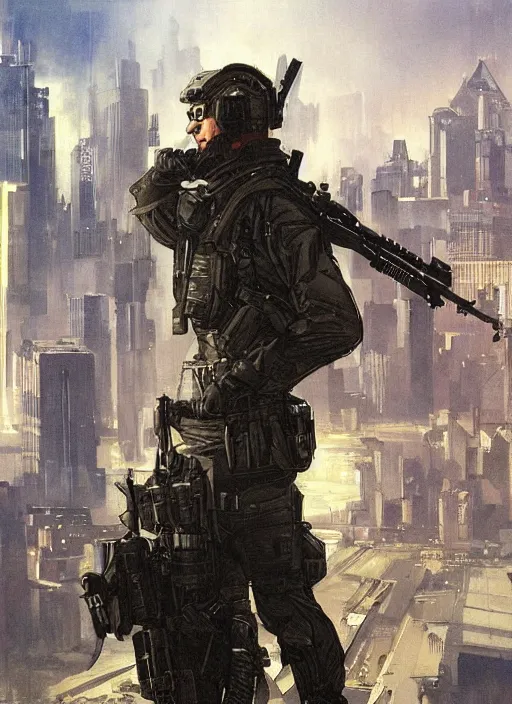 Image similar to Hector. USN special forces operator looking at city skyline. Agent wearing Futuristic stealth suit. rb6s and MGS Concept art by James Gurney, Alphonso Mucha.