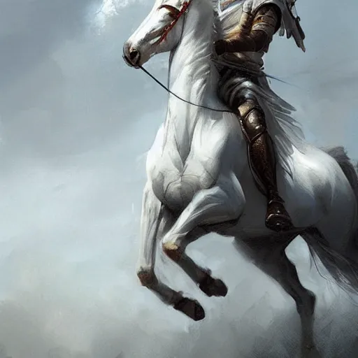 Image similar to a white horse The one who rode him carried arrows and a bow in his hand, and they gave him a crown, digital Art, Greg rutkowski Trending artstation