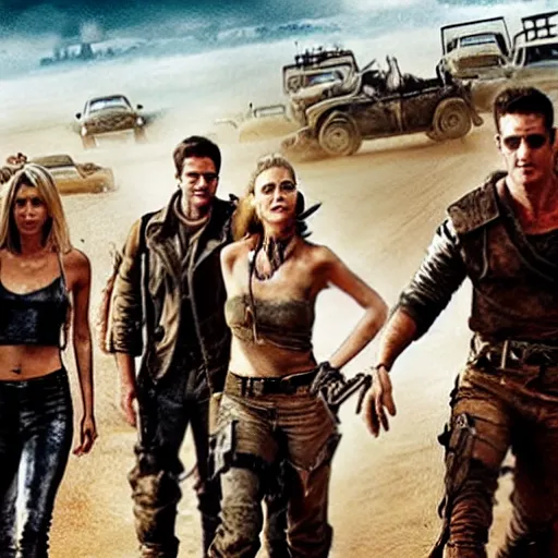 Prompt: The cast of Friends in Mad Max Fury Road (2015) dynamic action battle