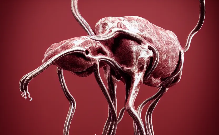 Image similar to anatomical deep red arteries veins flesh stylized shiny polished silver statue full body bizarre extra limbs cosmic horror quadruped animal cow bovine skull four legs made of creature tendrils perfect symmetrical body perfect symmetrical face hyper realistic hyper detailed by johannen voss by michelangelo octane render blender 8 k displayed in pure white studio room