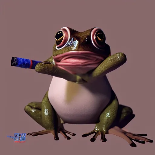 Image similar to a high quality photo of an antropomorphic frog wearing a suit smoking a cigar, 3d scene, render, ultra realistic, artstation, cgsociety