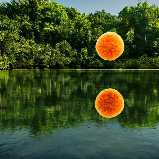 Prompt: a fuzzy orb floating on a pond, calm water, photorealistic, 4 k, detailed