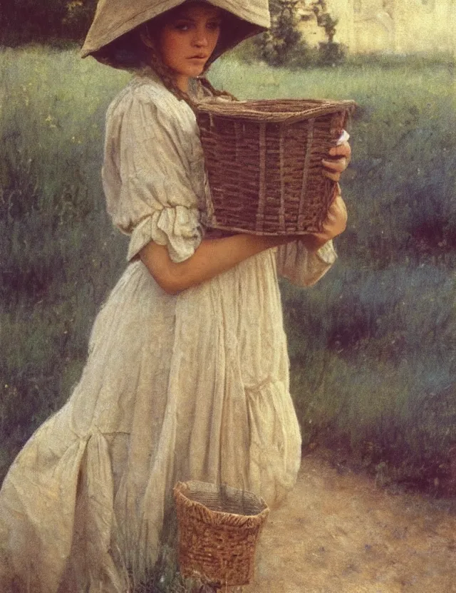 Image similar to peasant girl painting on a canvas, cottage core, cinematic focus, polaroid photo bleached vintage pastel colors high - key lighting, soft lights, foggy, by steve hanks, by lisa yuskavage, by serov valentin, by tarkovsky, detailed, oil on canvas
