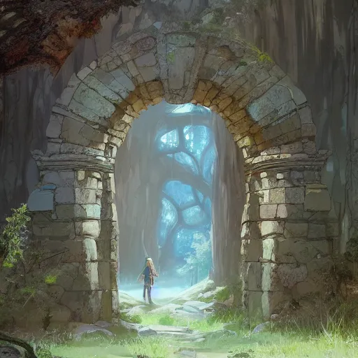 Image similar to concept art painting of an ancient ornate stone archway that is a portal to another world, in the woods, realistic, detailed, cel shaded, in the style of makoto shinkai and greg rutkowski and james gurney