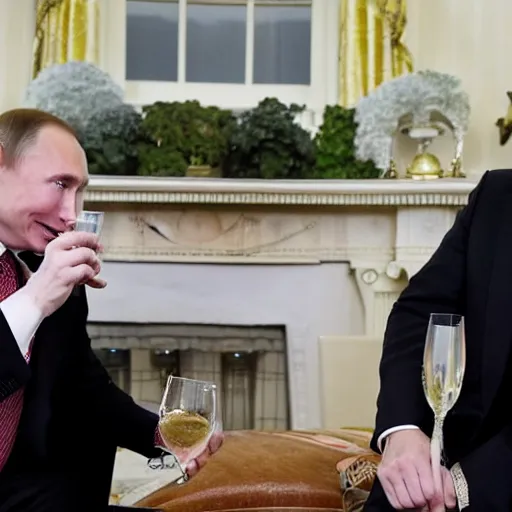 Prompt: elon reeve musk and vladimir vladimirovich putin look very happy drinking wine in the white house