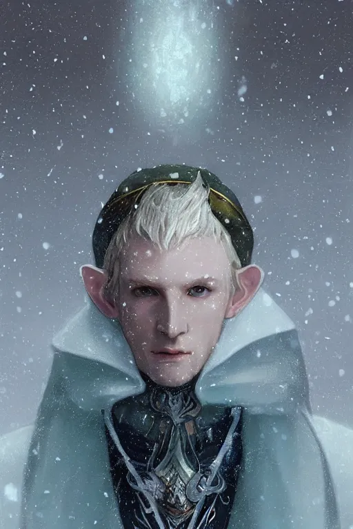 Image similar to portrait of a handsome pointy - eared male snow elf in a turquoise cape and silver ornate armour, albino skin, androgynous face, mid - shot, moonlight snowing, ethereal opalescent mist, winter vibes, perfect face, elegant, very coherent symmetrical artwork, by greg rutkowski, alphonse mucha, charlie bowater, trending on artstation